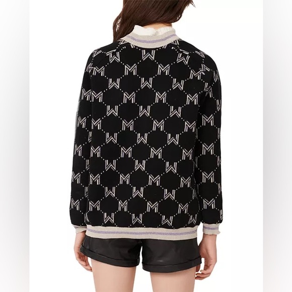 Maje Martch Monogrammed Metallic Jacquard Silver Black Cardigan - Picture 2 of 10